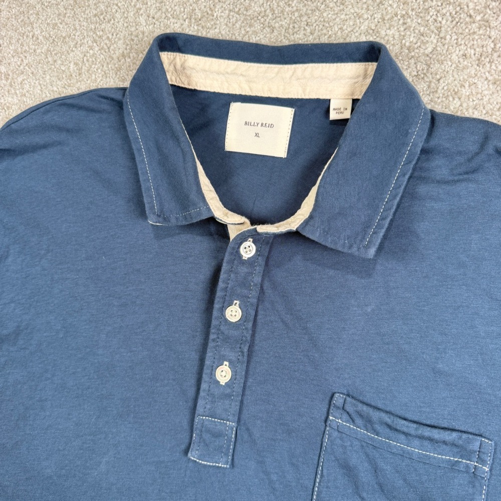 Billy Reid Polo Shirt Mens XL Blue Short Sleeve Cotton Pocket Jersey Knit